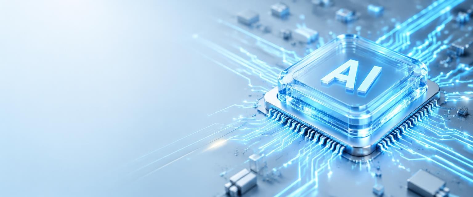 Glass AI chip on a bright circuit board
