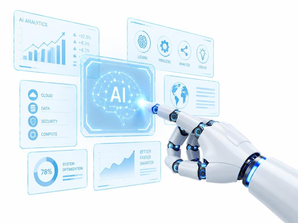 Robotic hand touching digital AI screens